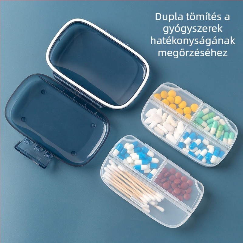 Átlátszó, hordozható gyógyszeres doboz, hét rekeszes, egy hétre
