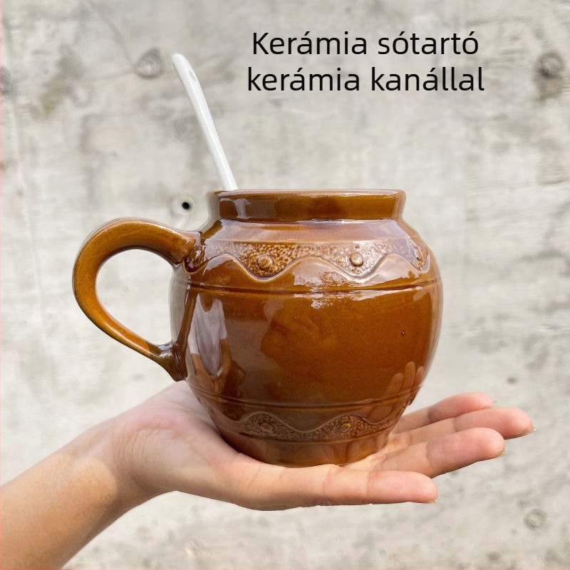 Kerámiás sótartó fedővel és kanállal, nedvességálló fűszertartó, retro stílus, kapacitás 1 kg