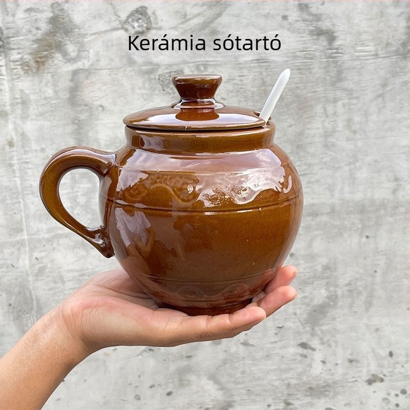 Kerámiás sótartó fedővel és kanállal, nedvességálló fűszertartó, retro stílus, kapacitás 1 kg