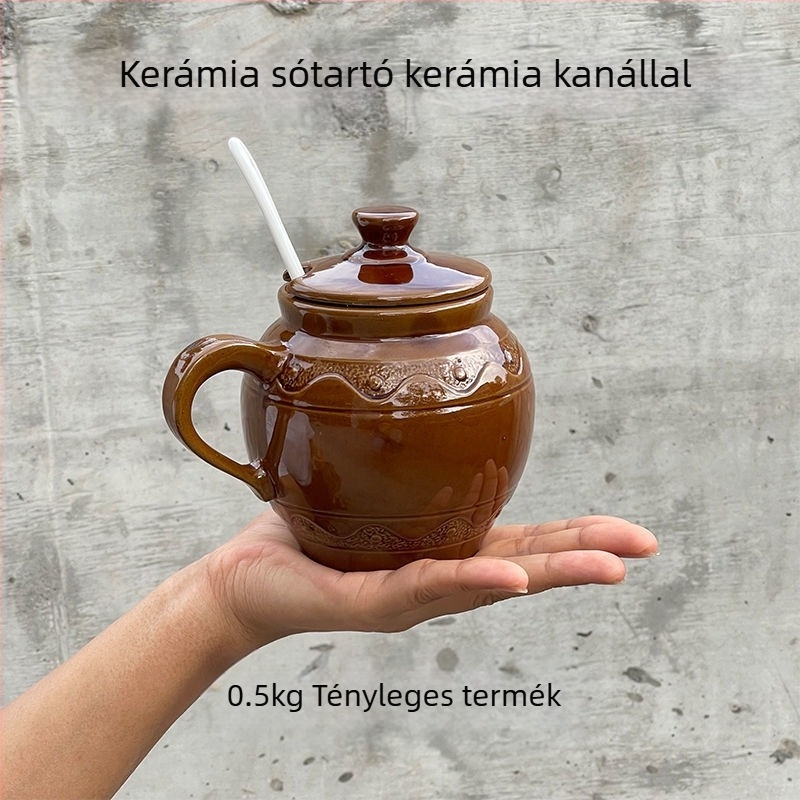 Kerámiás sótartó fedővel és kanállal, nedvességálló fűszertartó, retro stílus, kapacitás 1 kg