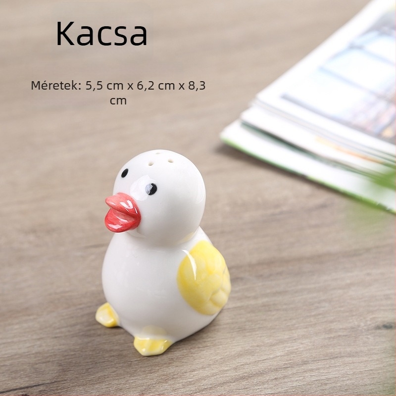 Panda motívumos kerámia fűszertartó, só- és borstartó, éttermi és otthoni használatra; fogpiszkáló tartó sárga kacsa motívummal.