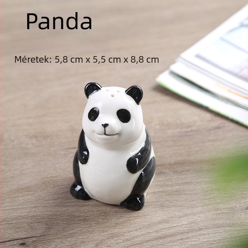 Panda motívumos kerámia fűszertartó, só- és borstartó, éttermi és otthoni használatra; fogpiszkáló tartó sárga kacsa motívummal.