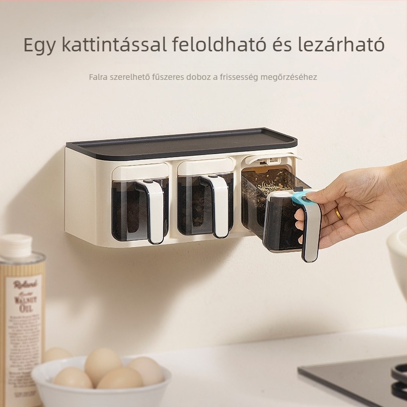Nordic stílusú falra szerelhető fűszertartó készlet konyhához, só- és MSG palackokkal és üvegekkel