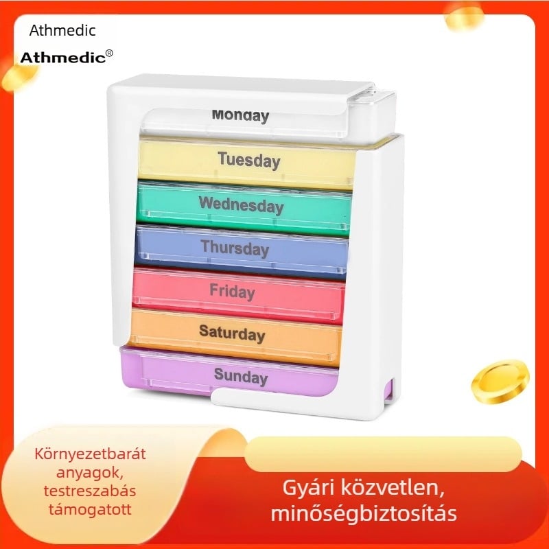 28 rekeszes műanyag gyógyszeres tároló doboz fiókos kivitelben, levehető heti szervező