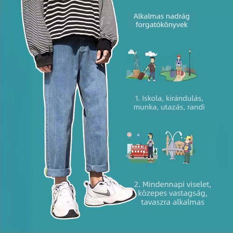 Férfi denimnadrág, egyenes szabás, laza vonal, könnyű őszi viselet, koreai stílusú mindennapi nadrág