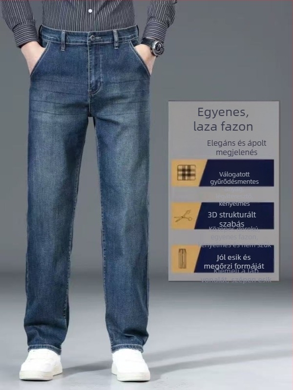 Férfi prémium egyenes szárú farmer, laza casual szabás, retro elasztikus mosott hatás, hosszú nadrág 2025 ősz