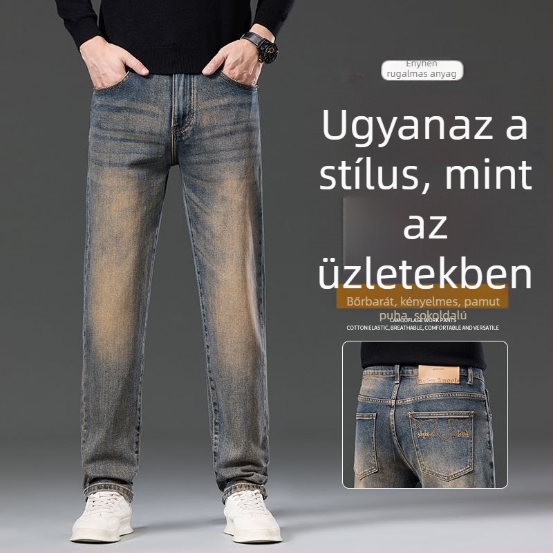 Férfiak számára 100% pamut farmernadrág, tavasz–ősz, vintage amerikai hímzés, rugalmas, egyenes szár, laza mindennapi stílus