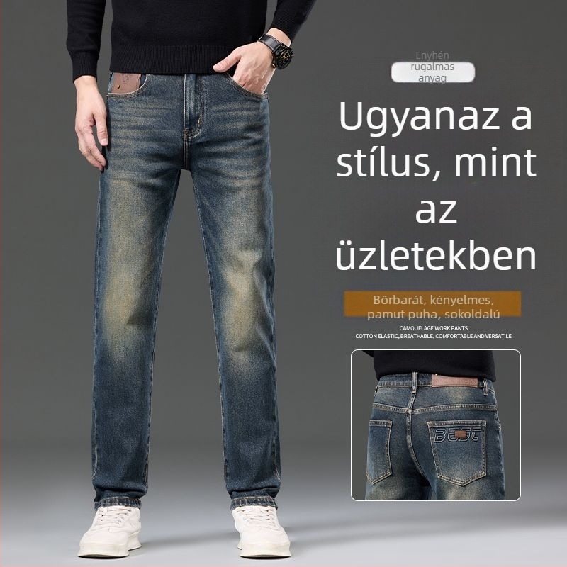 Férfiak számára 100% pamut farmernadrág, tavasz–ősz, vintage amerikai hímzés, rugalmas, egyenes szár, laza mindennapi stílus