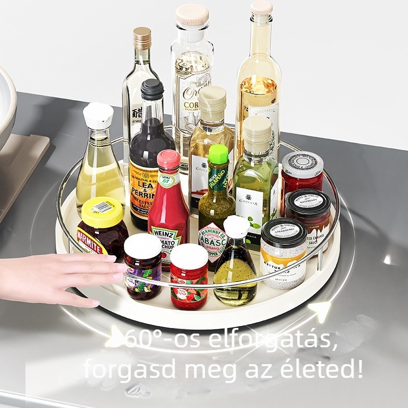 Multifunkcionális konyhai tárolóállvány – szabadon álló, forgó fűszer- és szójaszósz üveg tartó