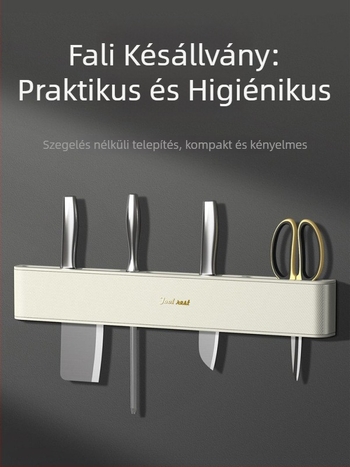 Fali konyhai kés-tartó integrált tárolóval – fúrás nélkül