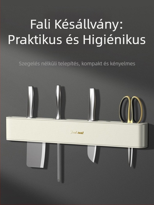 Fali konyhai kés-tartó integrált tárolóval – fúrás nélkül