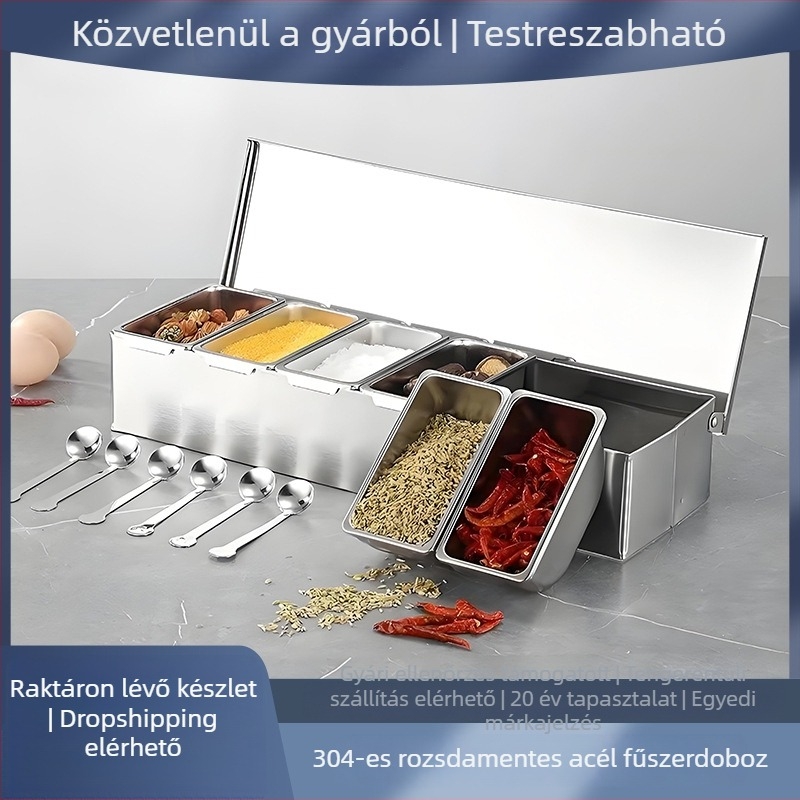 304 rozsdamentes acélból készült, négyszögletes fűszeres dobozok készlet