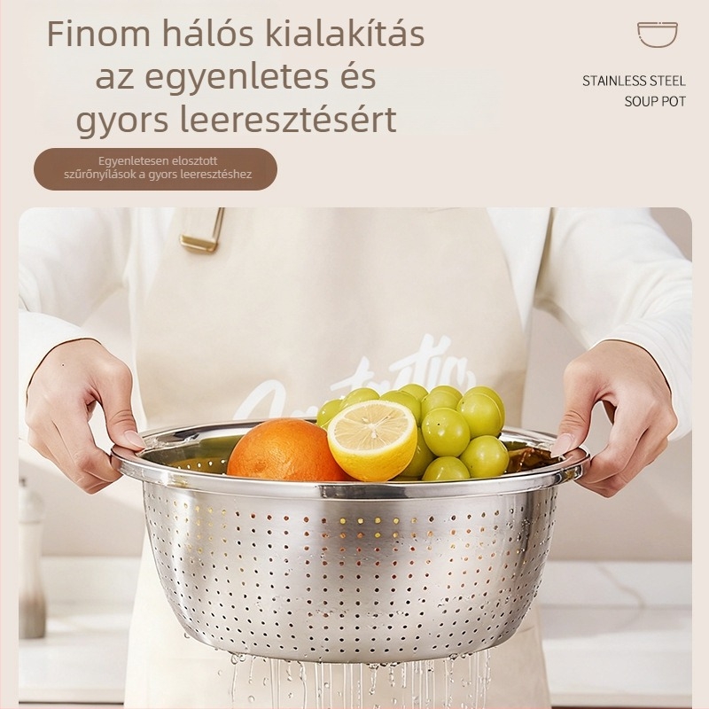 Rozsdamentes acélból készült leeresztő tál zöldségek és gyümölcsök mosásához, konyhai gyümölcskosár és rizsszita