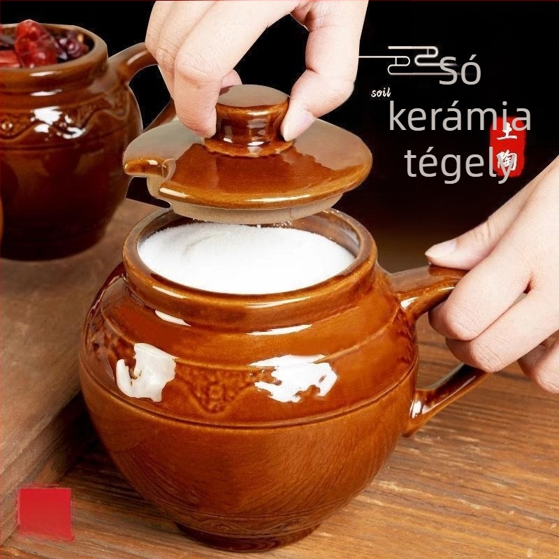 Kerámiából készült sótartó fedővel, magas hőmérséklet-állóságú, retro konyhai fűszertartó, nedvességálló