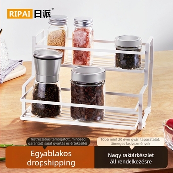 Konyhai fűszerrács vasból, japán stílusú, fúrás nélküli, asztali, két szintes