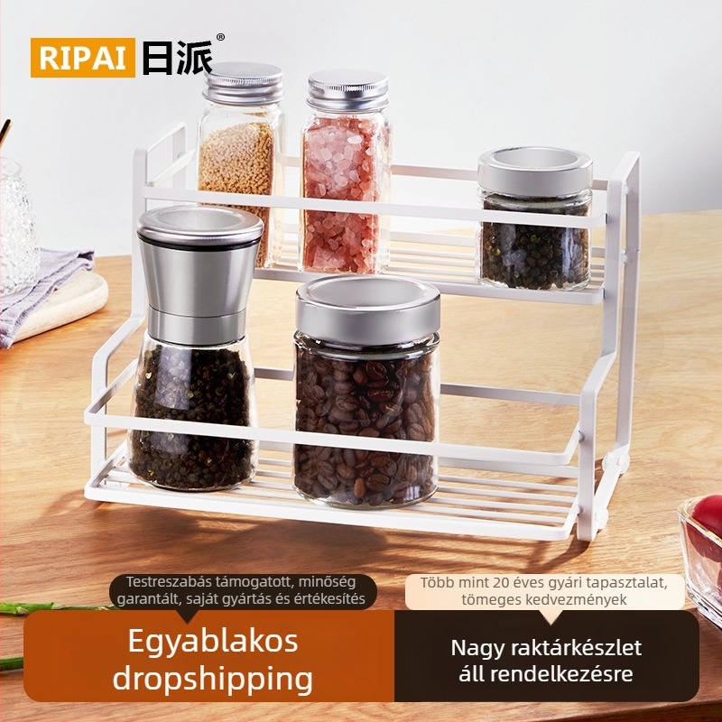 Konyhai fűszerrács vasból, japán stílusú, fúrás nélküli, asztali, két szintes