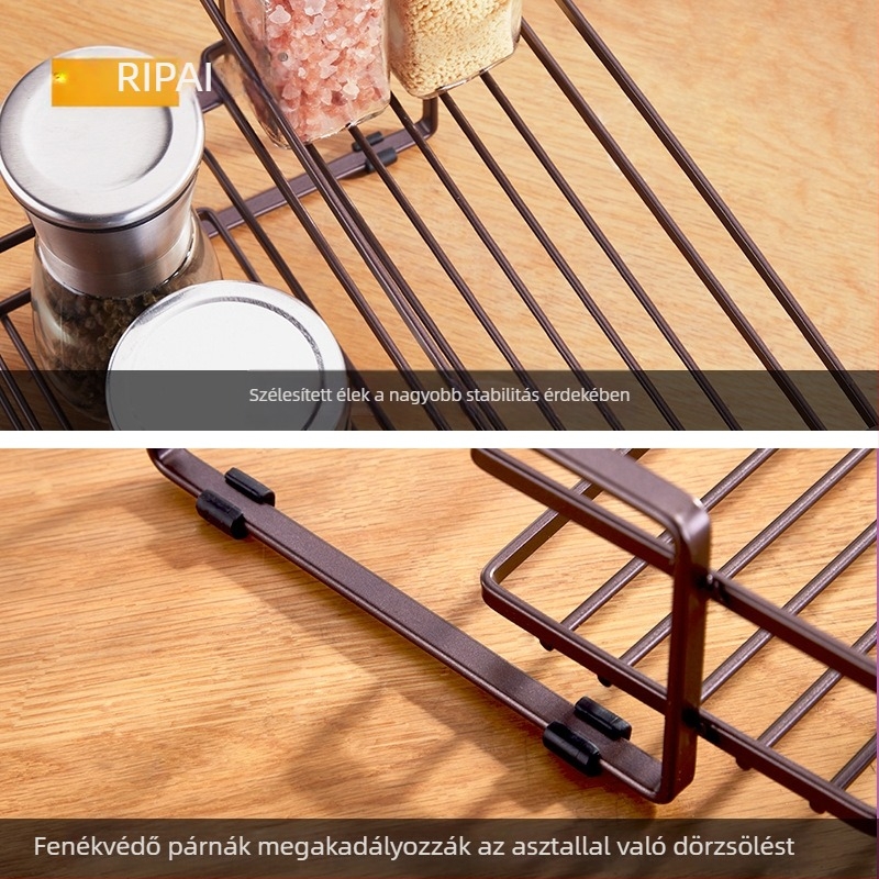 Konyhai fűszerrács vasból, japán stílusú, fúrás nélküli, asztali, két szintes