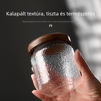 Boroszilikát üveg tárolóedény akácfa fedéllel, kerek, kalapált textúrájú felülettel, 350 ml