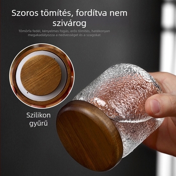 Boroszilikát üveg tárolóedény akácfa fedéllel, kerek, kalapált textúrájú felülettel, 350 ml