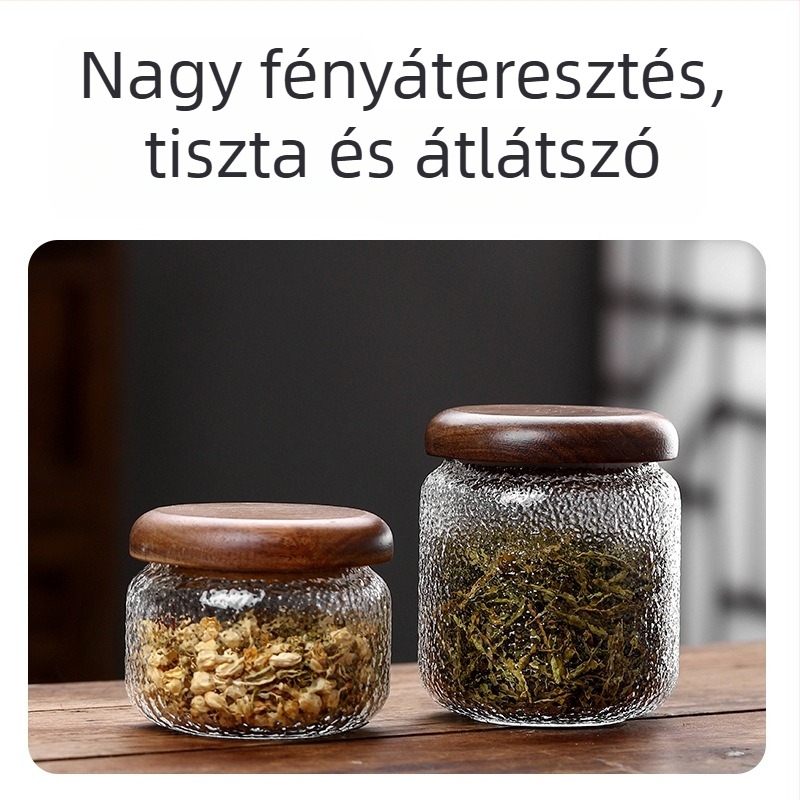 Boroszilikát üveg tárolóedény akácfa fedéllel, kerek, kalapált textúrájú felülettel, 350 ml