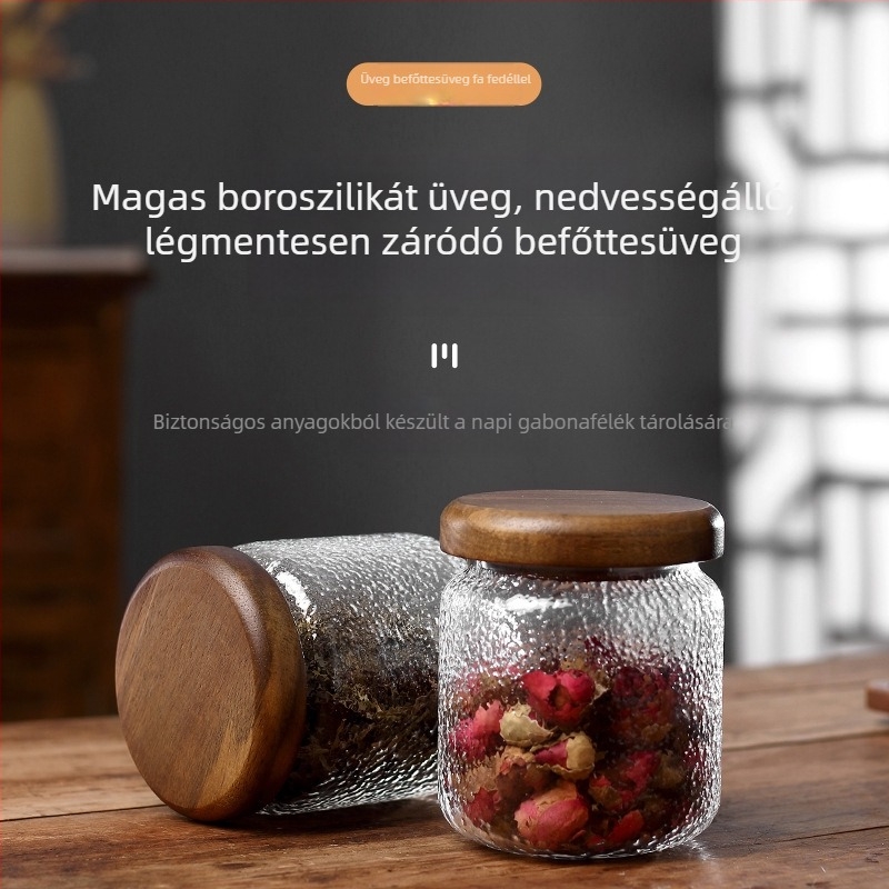 Boroszilikát üveg tárolóedény akácfa fedéllel, kerek, kalapált textúrájú felülettel, 350 ml