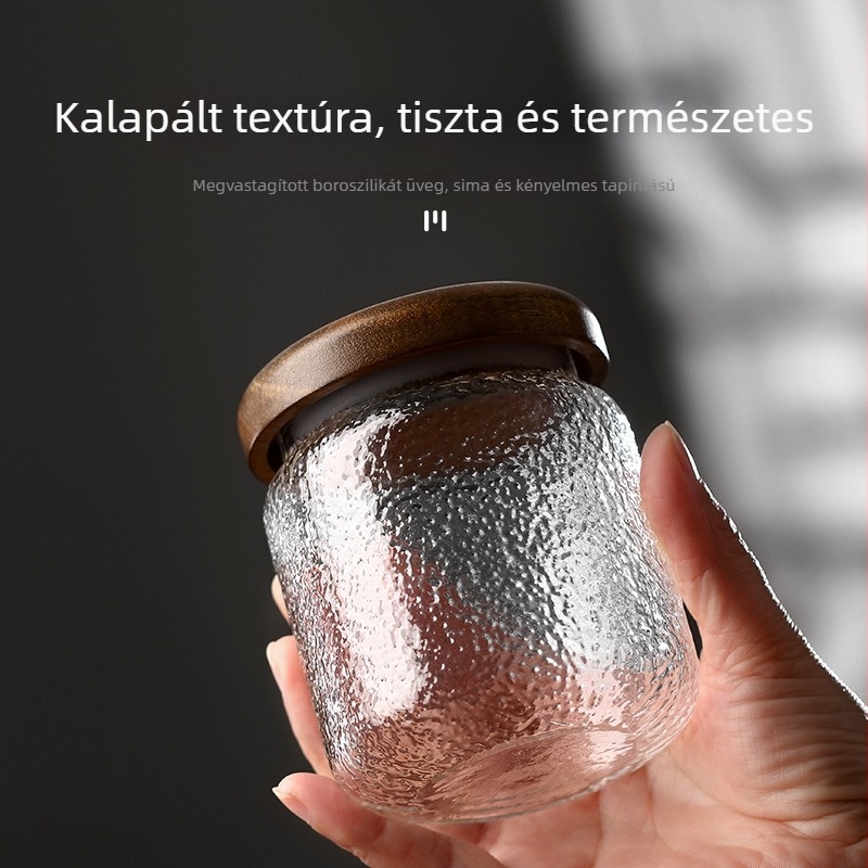 Boroszilikát üveg tárolóedény akácfa fedéllel, kerek, kalapált textúrájú felülettel, 350 ml