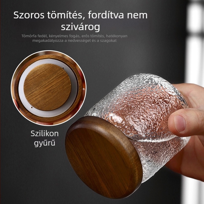 Boroszilikát üveg tárolóedény akácfa fedéllel, kerek, kalapált textúrájú felülettel, 350 ml