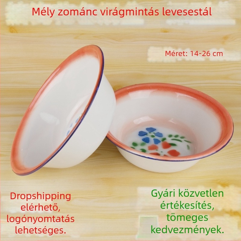 Virágmintás vastag, mély zománcolt tál, retró stílusú nosztalgiával; háztartási és éttermi használatra, rizs- és leveses tál logóval, átmérő kb. 20 cm.