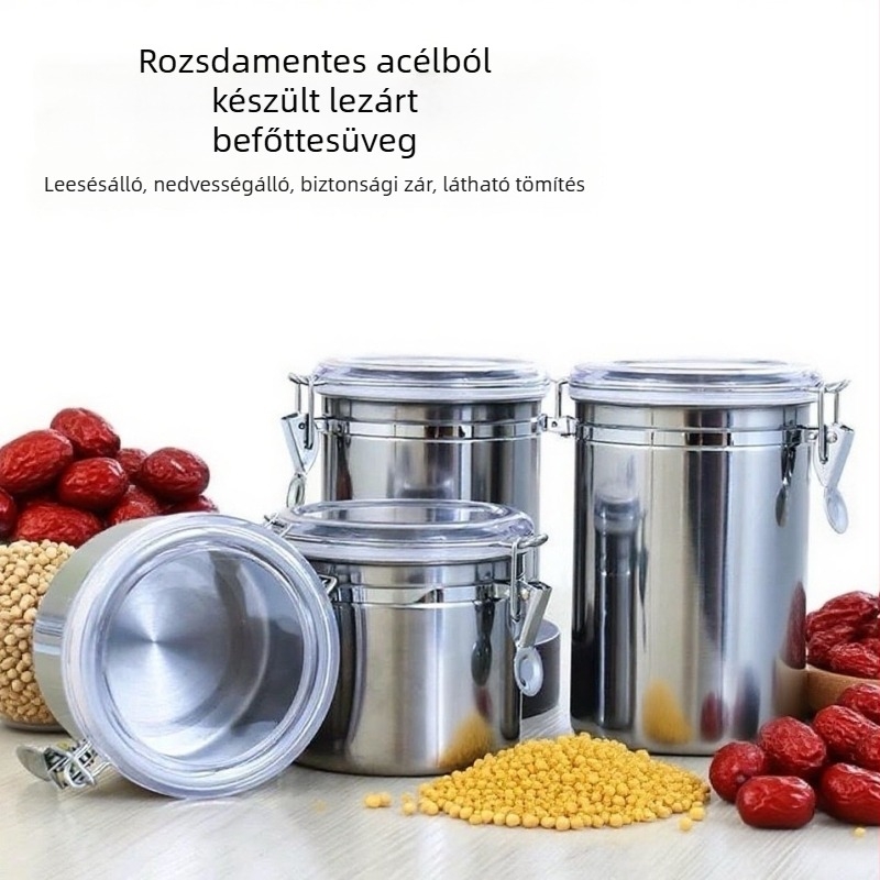 Rozsdamentes acél zárható tárolóedény kávéhoz, édességekhez, aszalt gyümölcsökhöz és teához