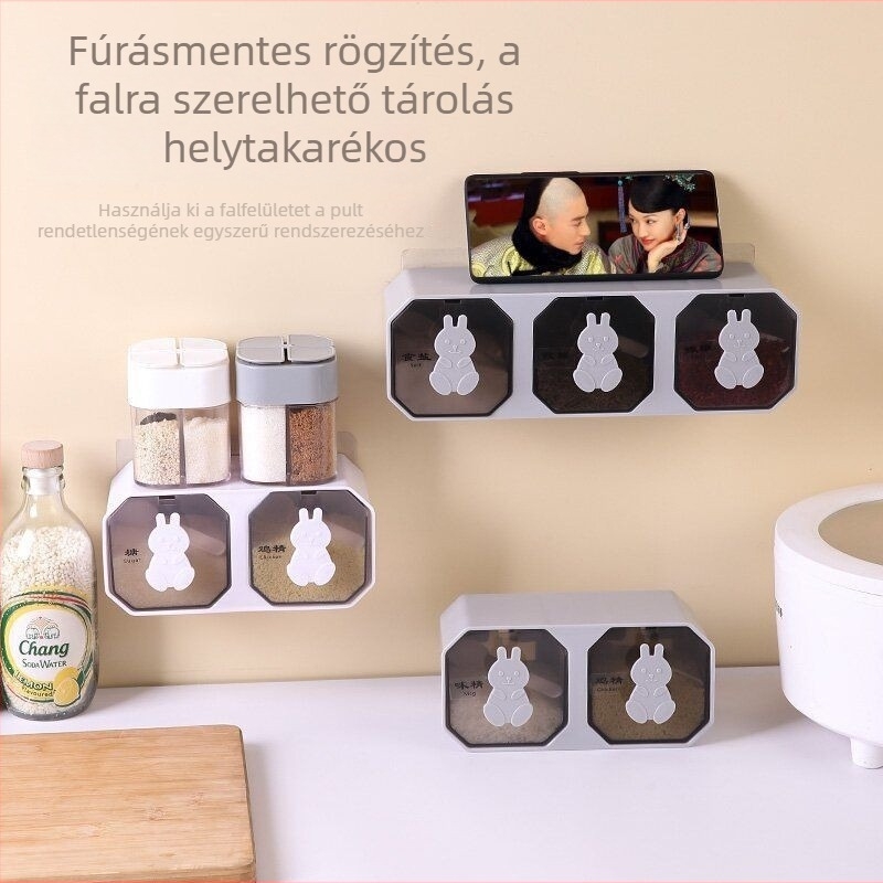 Fúrás nélküli konyhai fűszertartó készlet beépített rekeszekkel, fedéllel és kanállal, MSG, só és cukor számára