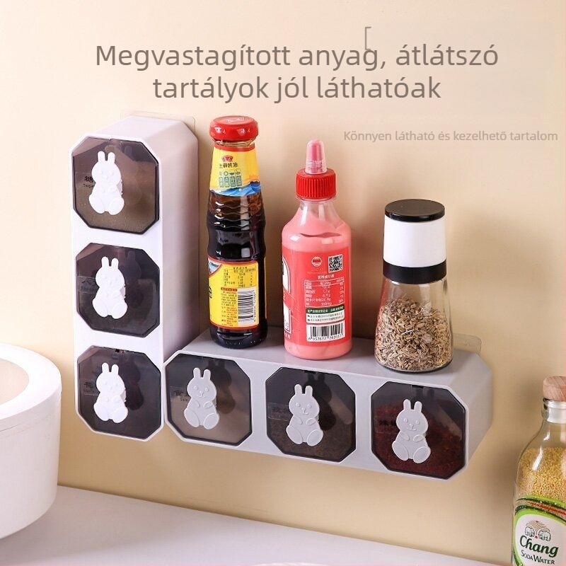 Fúrás nélküli konyhai fűszertartó készlet beépített rekeszekkel, fedéllel és kanállal, MSG, só és cukor számára