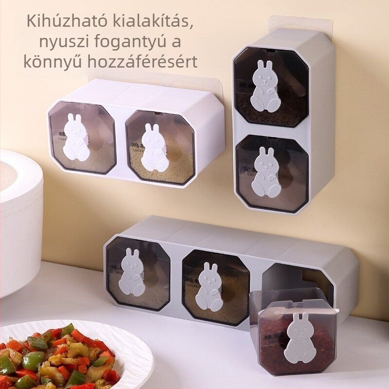 Fúrás nélküli konyhai fűszertartó készlet beépített rekeszekkel, fedéllel és kanállal, MSG, só és cukor számára