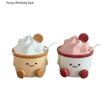 Porcelán fűszertartó készlet sóval, MSG-vel, cukorral és chili ízesítővel, tároló dobozban — aranyos rajzfilms-stílusú konyhai dekoráció