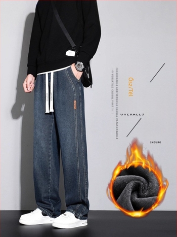 2025 téli amerikai retro mosott nadrág fleece-béléssel és vastag anyaggal, férfiaknak, lazán szabott egyenes vonalú, Hongkong-stílusú széles lábú casual nadrág