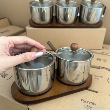 Yino Kitchen 304 rozsdamentes acél, akácfa fűszertartók kanállal és fedéllel, 3 darabos készlet