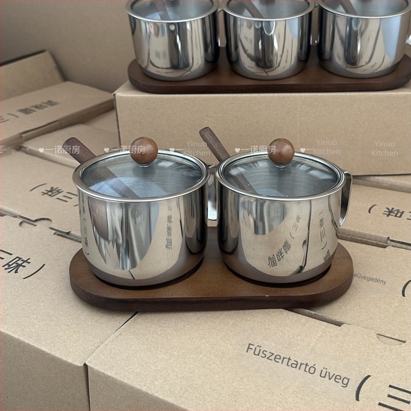 Yino Kitchen 304 rozsdamentes acél, akácfa fűszertartók kanállal és fedéllel, 3 darabos készlet