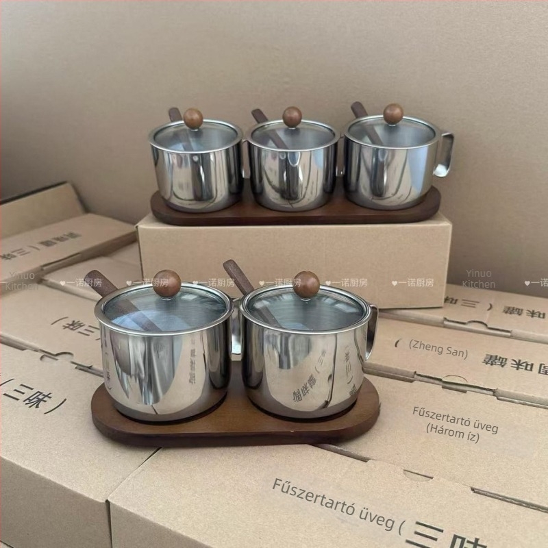 Yino Kitchen 304 rozsdamentes acél, akácfa fűszertartók kanállal és fedéllel, 3 darabos készlet