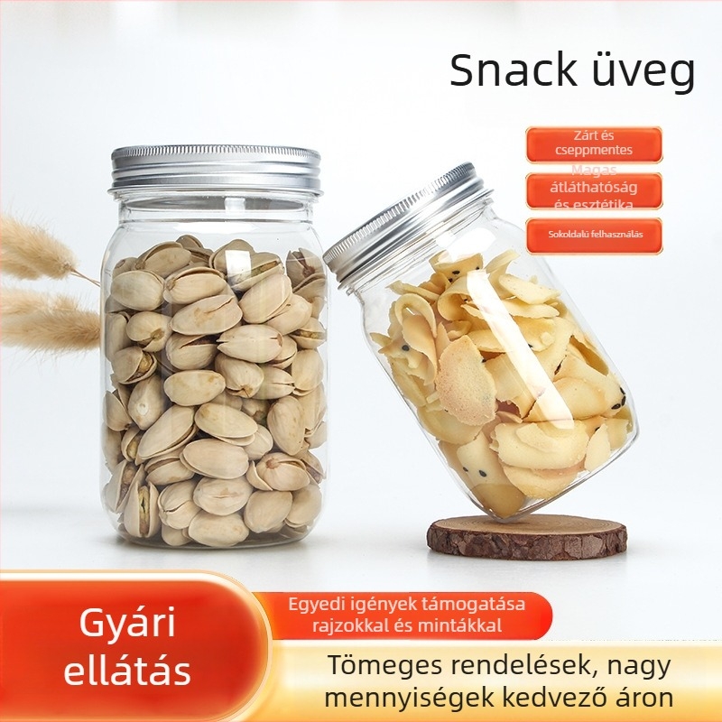 Élelmiszer-minőségű átlátszó PET Mason üveg fedéllel, nagy kapacitású tároláshoz nassolnivalókhoz, diófélékhez és aszalt gyümölcsökhöz