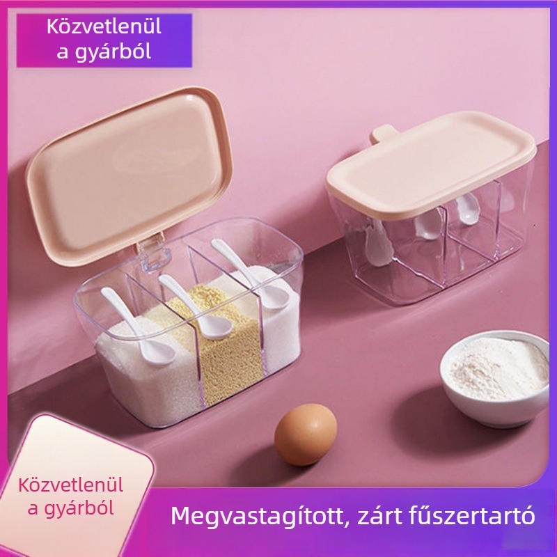 Konyhai fűszertartó készlet – három rekeszes, átlátszó tartó sóhoz, nátrium-glutamát (MSG) és borshoz