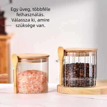 Zárható üveg tároló bambusz fedővel és fa kanállal, kávébabok és fűszerek tárolására, függőleges csíkos dizájn