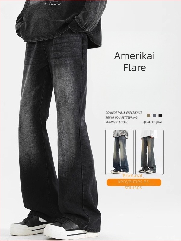Férfi farmernadrág: enyhén szélesedő lábakkal, retro amerikai hangulat, egyenes szabású, slim fazon, tavasz–őszre