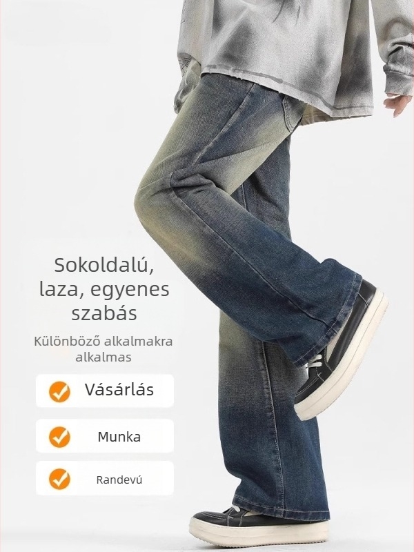 Férfi farmernadrág: enyhén szélesedő lábakkal, retro amerikai hangulat, egyenes szabású, slim fazon, tavasz–őszre