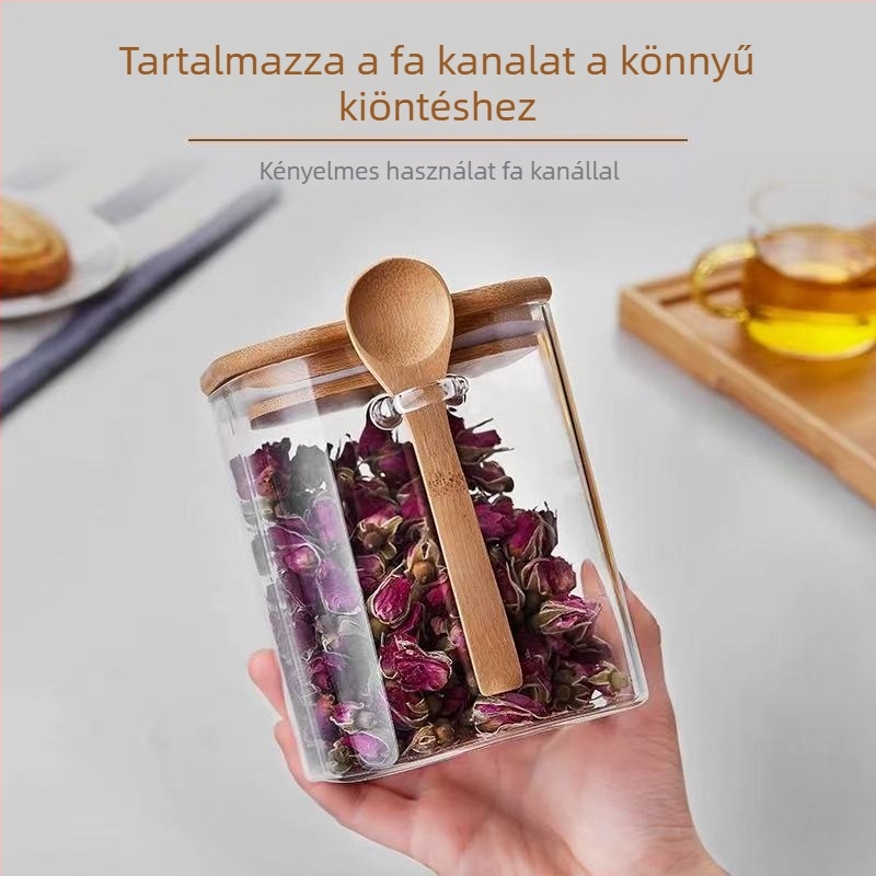 Japán stílusú, négyszögletes üvegtartó fa kanállal, otthoni használatra, teához
