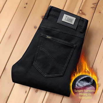 Ledex férfi farmernadrág fleece-béléssel, téli vastag, fekete, egyenes szárú, laza fazonú, üzleti casual