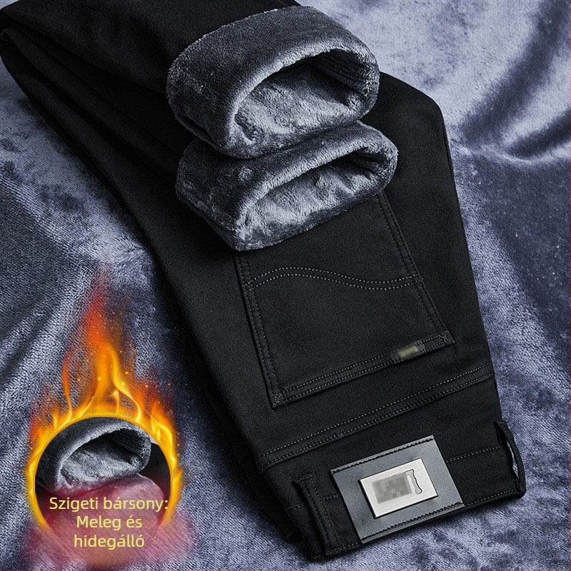 Ledex férfi farmernadrág fleece-béléssel, téli vastag, fekete, egyenes szárú, laza fazonú, üzleti casual