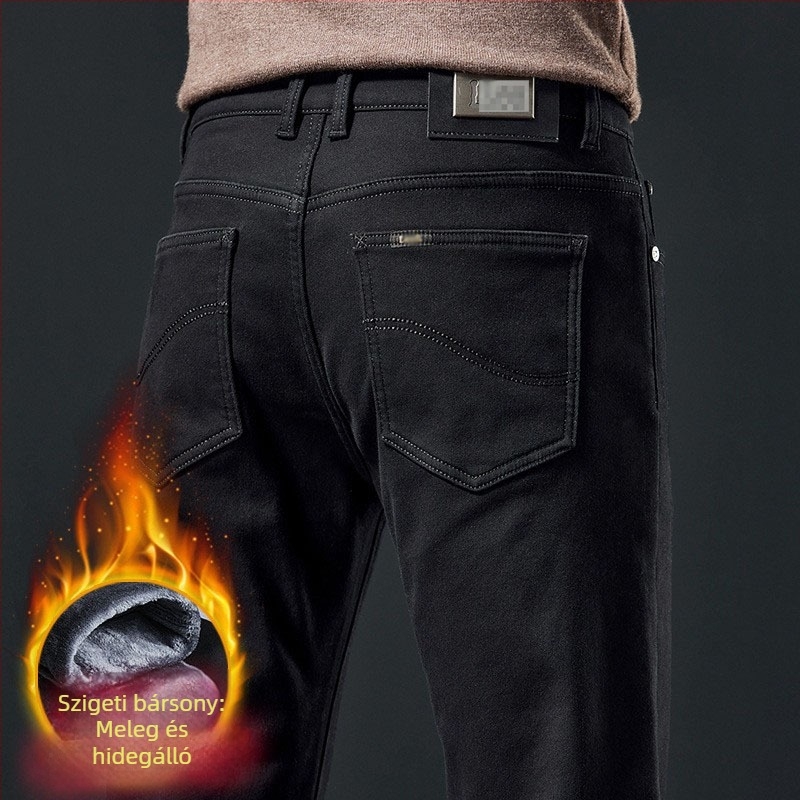 Ledex férfi farmernadrág fleece-béléssel, téli vastag, fekete, egyenes szárú, laza fazonú, üzleti casual