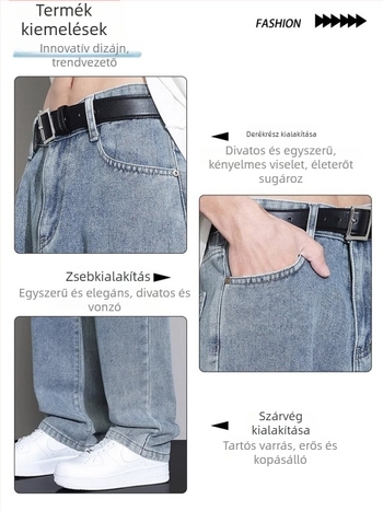 Férfi denimnadrág, lazán egyenes szabás tavasz–ősz viselet, mindennapi, mosott retro megjelenés