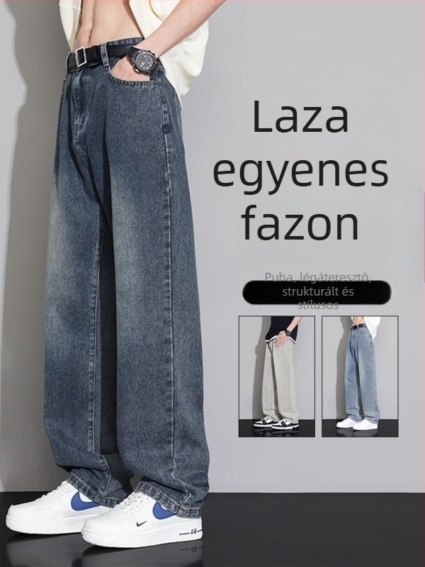 Férfi denimnadrág, lazán egyenes szabás tavasz–ősz viselet, mindennapi, mosott retro megjelenés