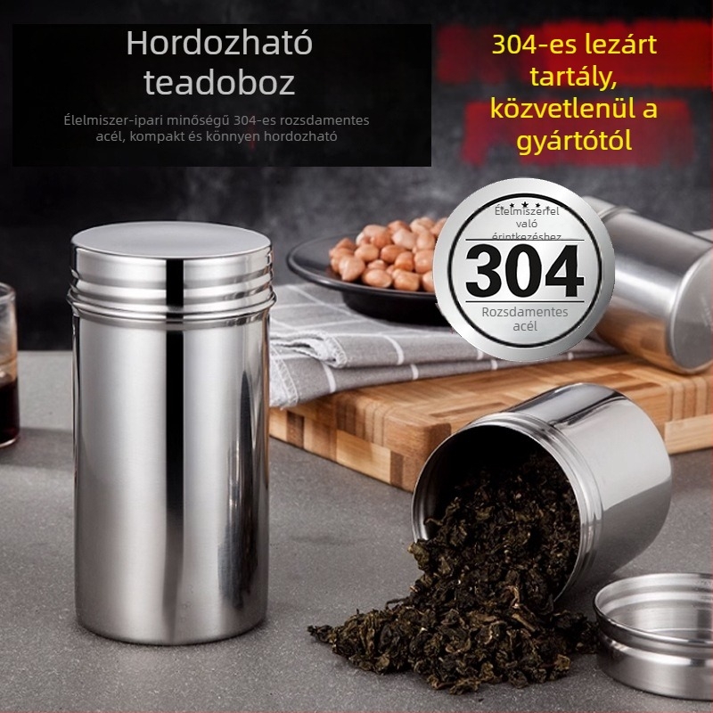 304 rozsdamentes acél zárt tea tároló, hordozható tárolóedény utazáshoz, kompakt méret