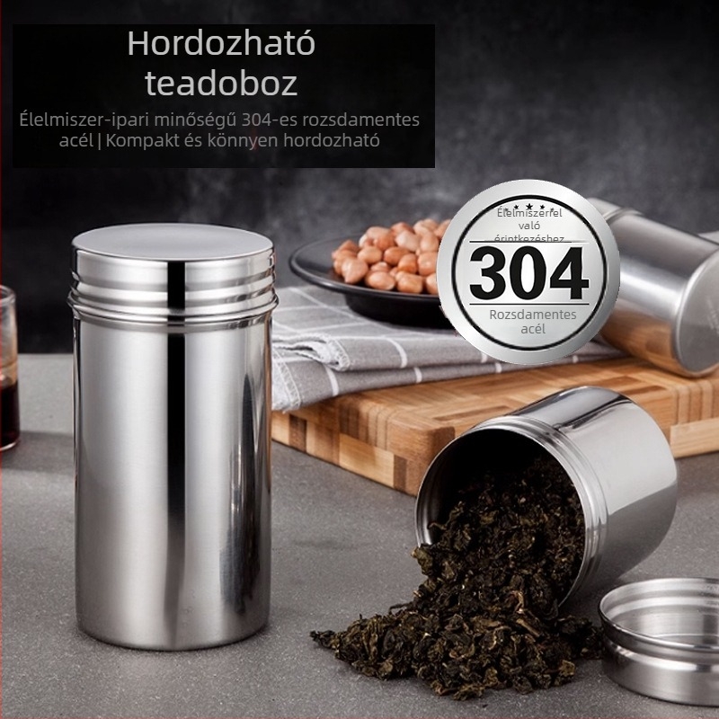 304 rozsdamentes acél zárt tea tároló, hordozható tárolóedény utazáshoz, kompakt méret